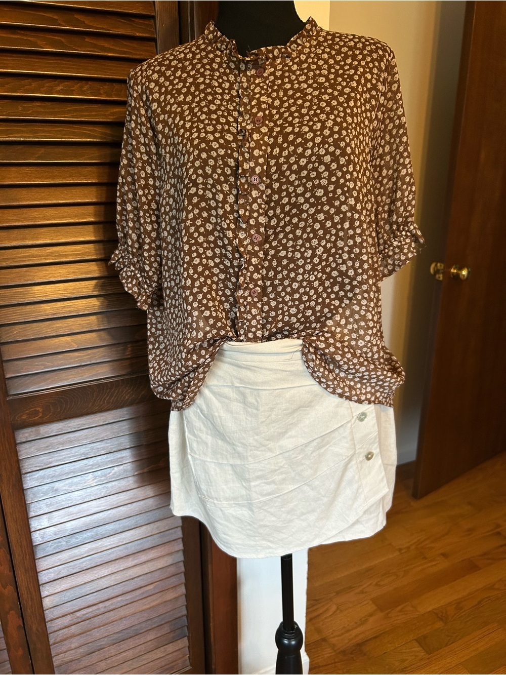 Beige Linen Blend Lined Mini Skirt